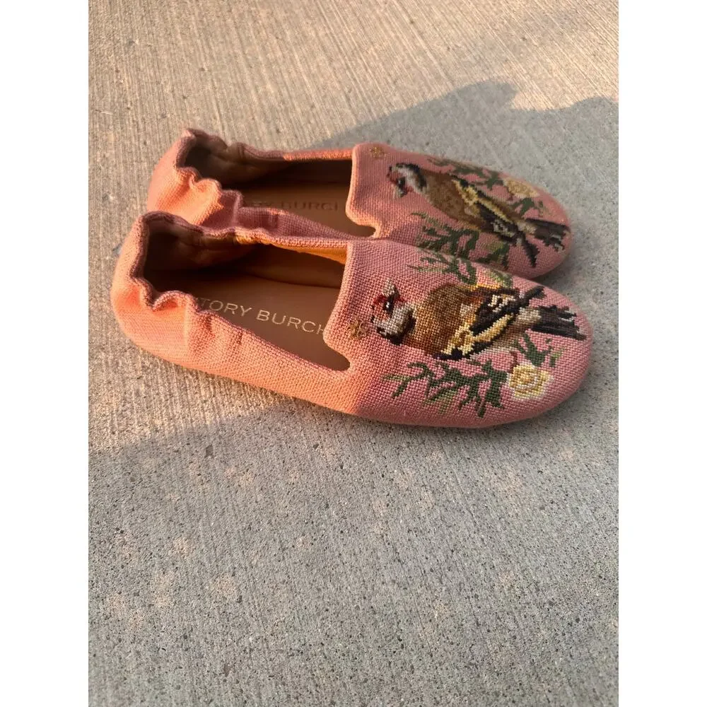 TORY BURCH Soft Smoking Slipper Pink Needlepoint Bird and Floral Motif 7.5 ~ New